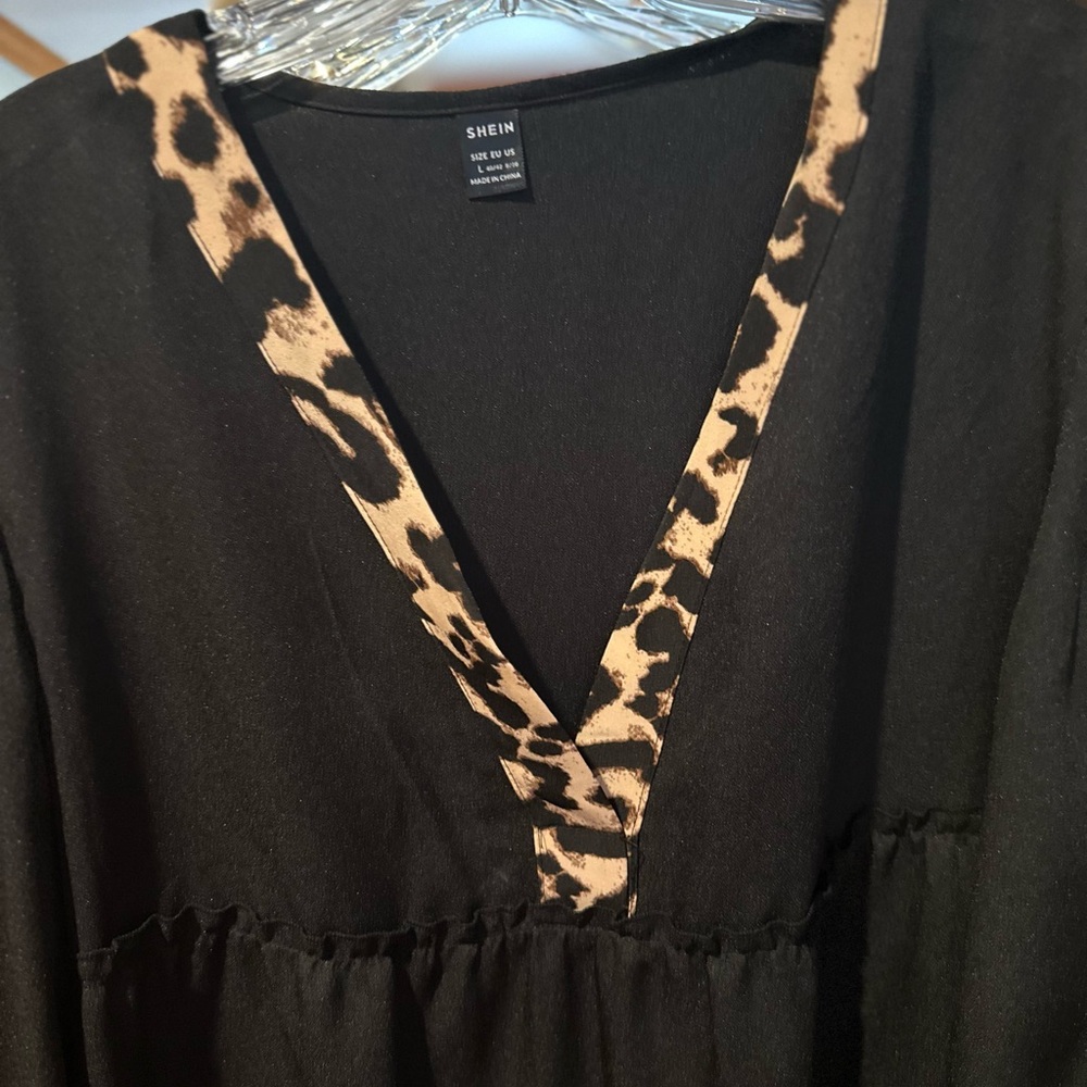 SHEIN Black Long Sleeve Dress with Leopard Trim